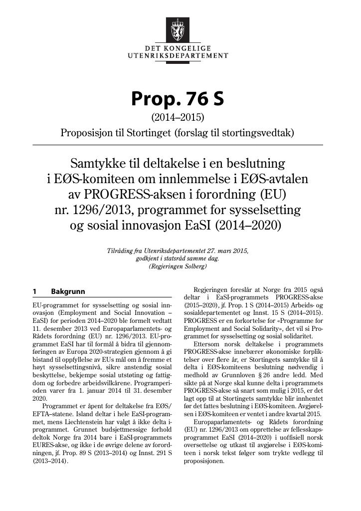 Forsiden av dokumentet Prop. 76 S (2014-2015)