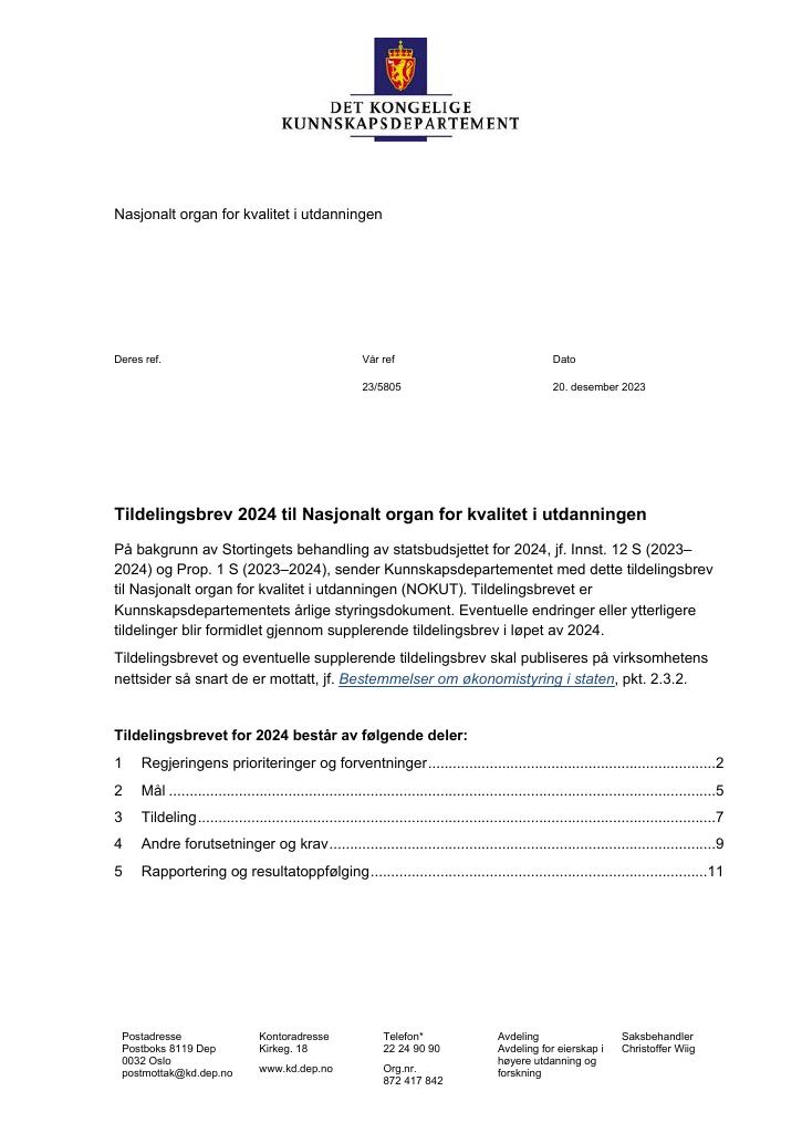 Forsiden av dokumentet Tildelingsbrev 2024