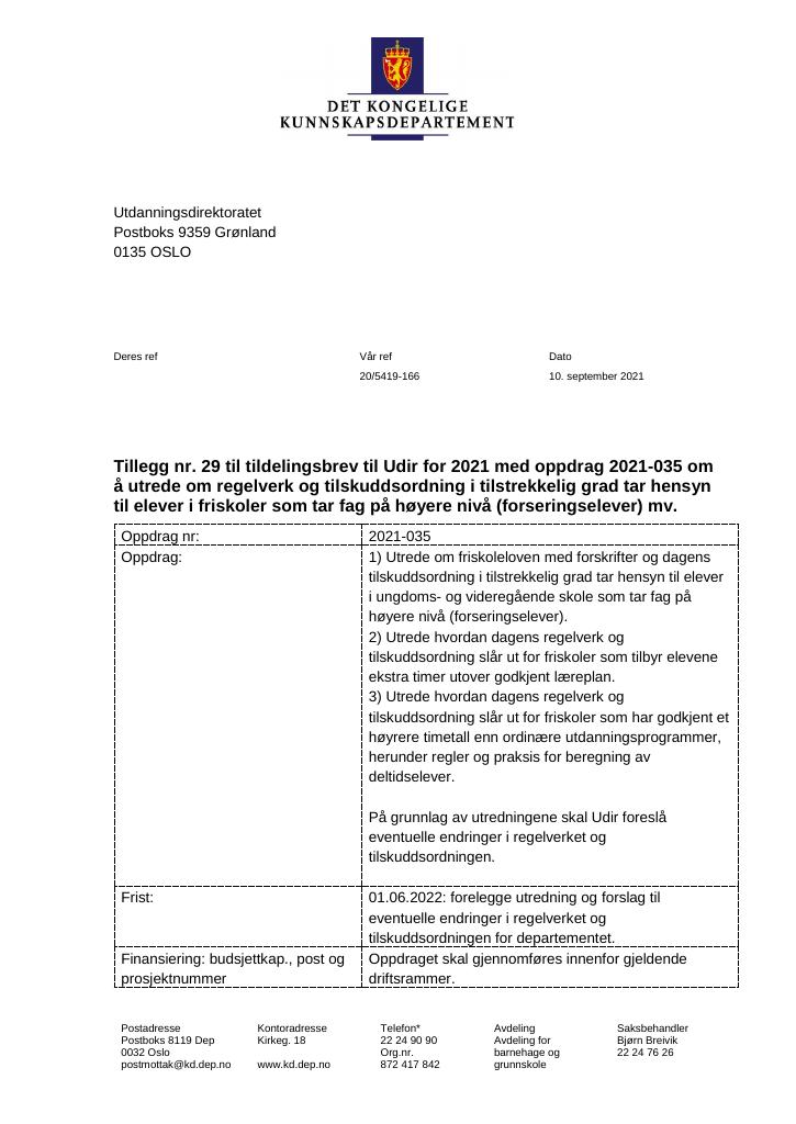 Tildelingsbrev Utdanningsdirektoratet 2021 - Tillegg Nr. 29 - Kudos