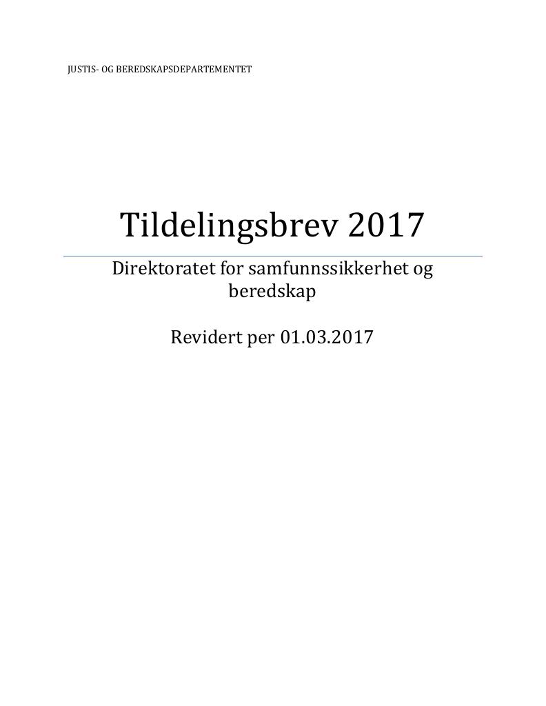 Forsiden av dokumentet Tildelingsbrev revidert 1. mars 2017 (PDF)