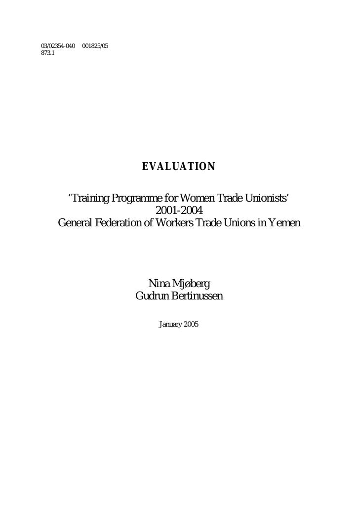 Forsiden av dokumentet Training Programme for Women Trade Unionists 2001-2004