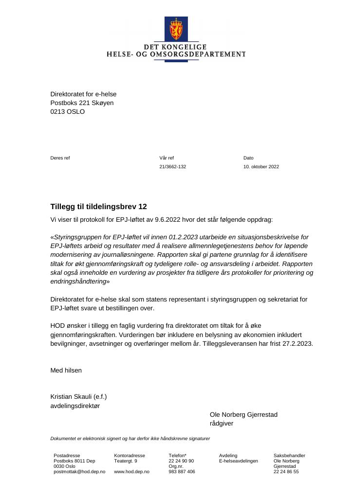 Forsiden av dokumentet Tildelingsbrev Direktoratet for e-helse 2022 - tillegg nr. 12