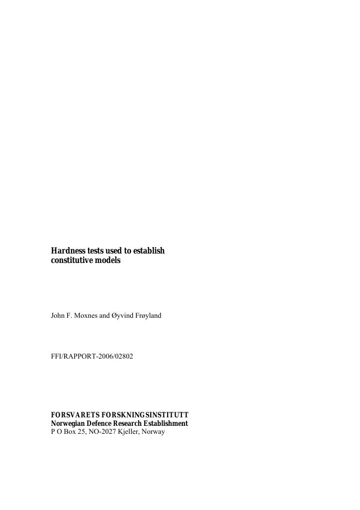 Forsiden av dokumentet Hardness tests used to establish constitutive models
