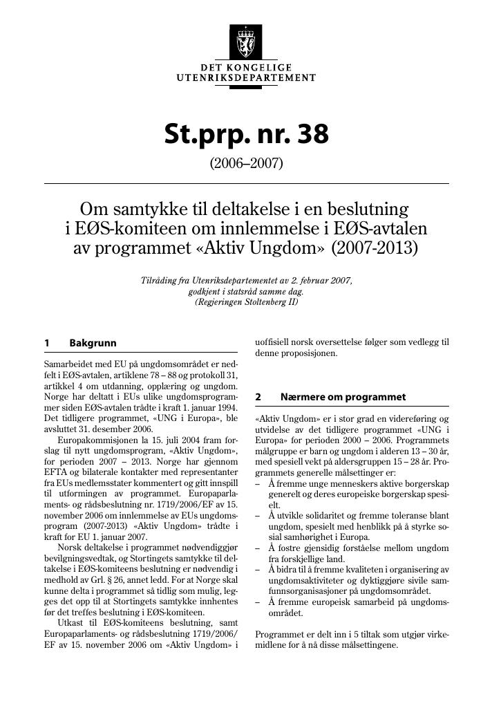 Forsiden av dokumentet St.prp. nr. 38 (2006-2007)