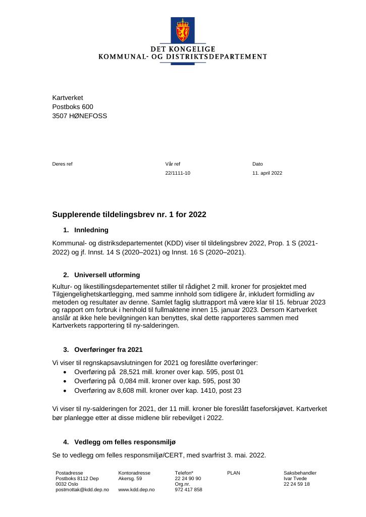 Forsiden av dokumentet Tildelingsbrev Kartverket 2022 - tillegg nr. 1