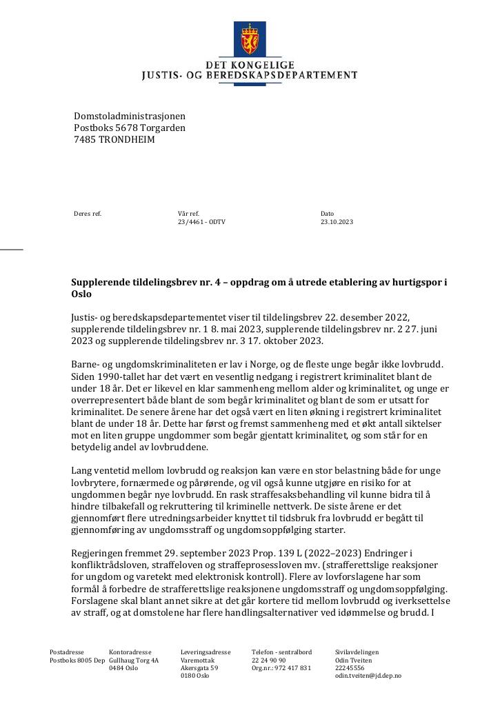 Forsiden av dokumentet Tildelingsbrev Domstoladministrasjonen 2023 - tillegg nr. 4