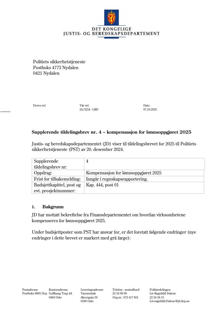 Forsiden av dokumentet Tildelingsbrev Politiets sikkerhetstjeneste 2025 - tillegg nr. 4