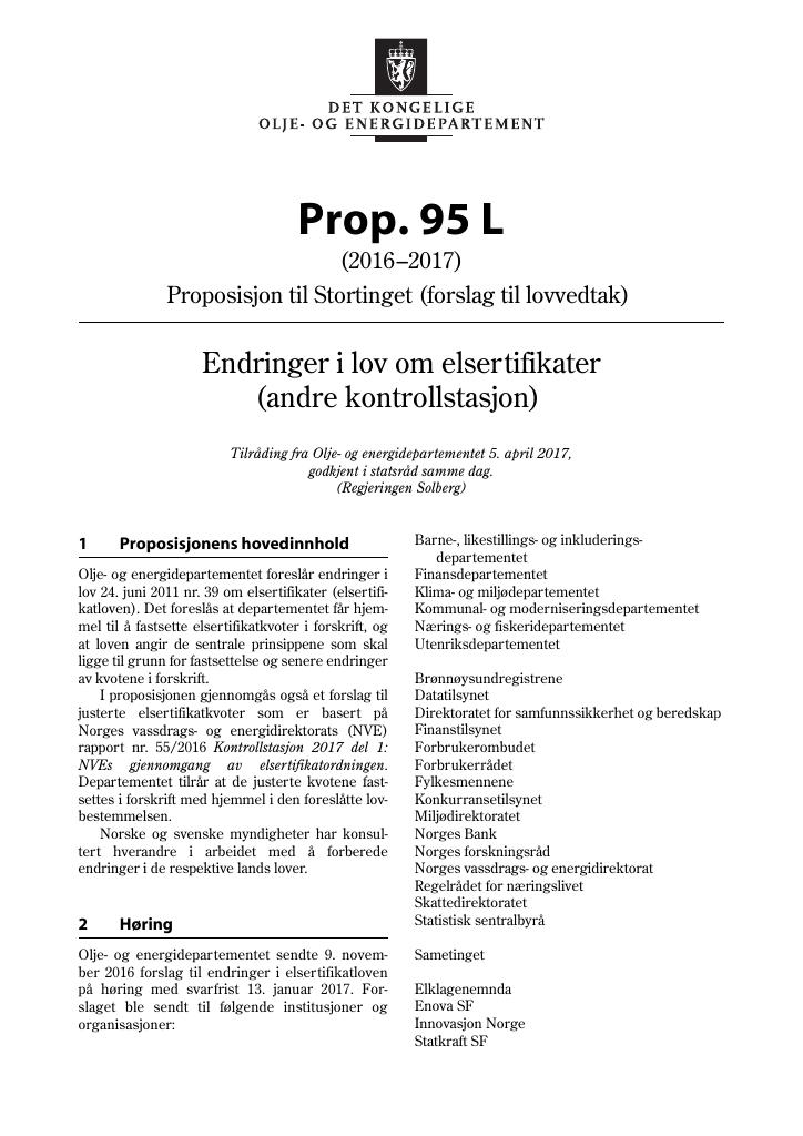 Forsiden av dokumentet Prop. 95 L (2016–2017)