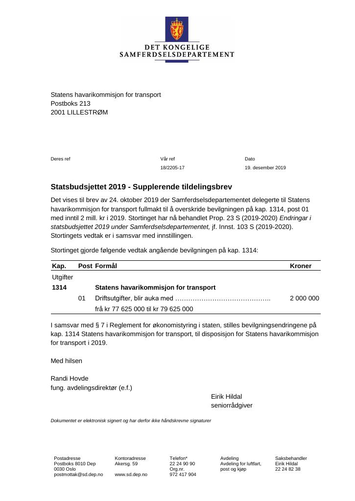 Forsiden av dokumentet Statsbudsjettet 2019: Supplerende tildelingsbrev Statens havarikommisjon for transport