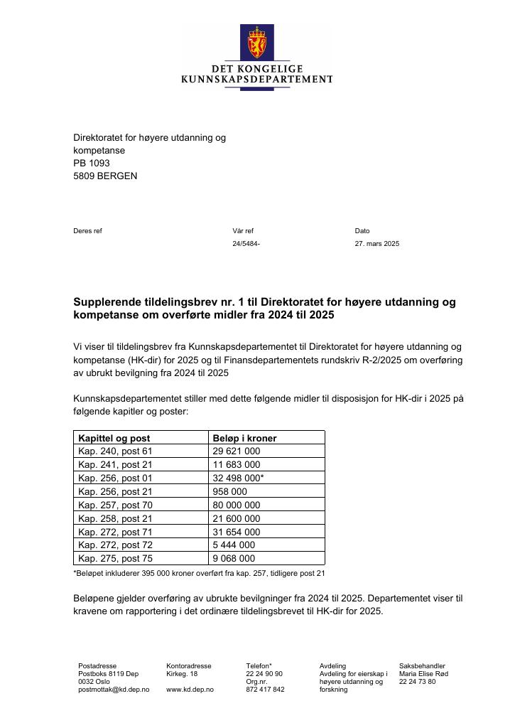 Forsiden av dokumentet Tildelingsbrev Direktoratet for høyere utdanning og kompetanse (HK-dir) 2025 - tillegg 1 & 2