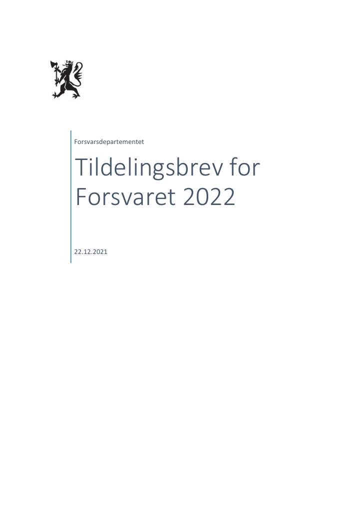 Forsiden av dokumentet Tildelingsbrev Forsvaret 2022