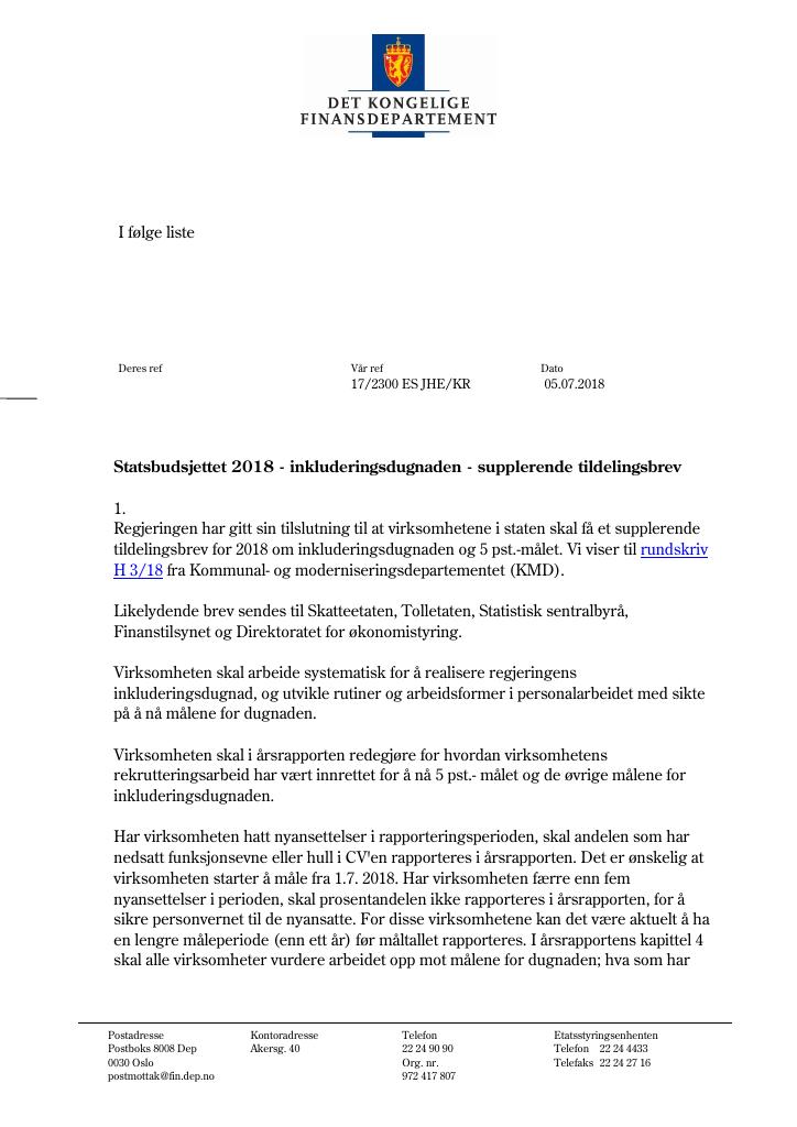 Forsiden av dokumentet Supplerende tildelingsbrev nr. 5 DFØ 2018