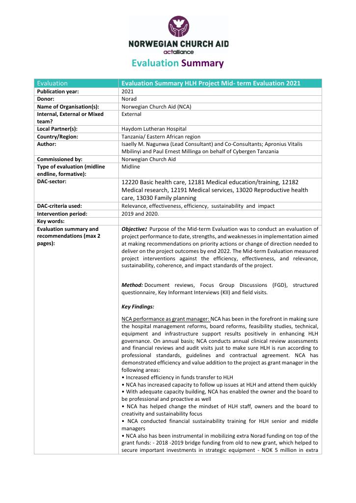 Forsiden av dokumentet Evaluation Summary HLH Project Mid- term Evaluation 2021