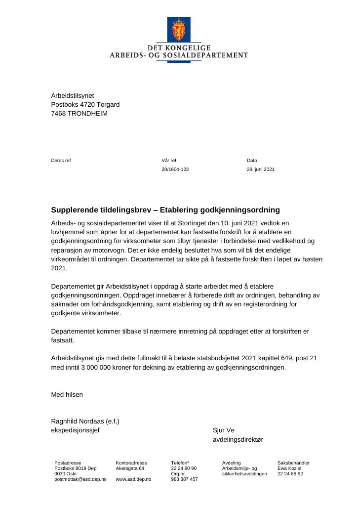 Forsiden av dokumentet Tildelingsbrev Arbeidstilsynet 2021 - tillegg