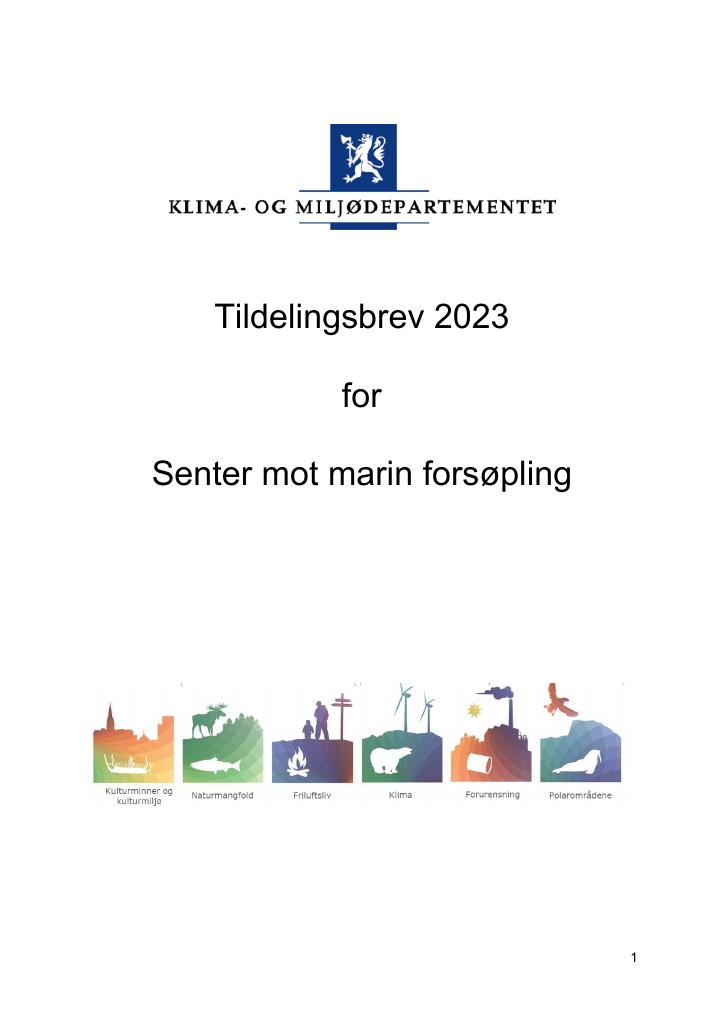 Forsiden av dokumentet Tildelingsbrev Senter mot marin forsøpling 2023