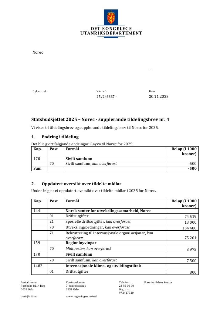 Forsiden av dokumentet Tildelingsbrev Norec 2025 - tillegg nr. 4