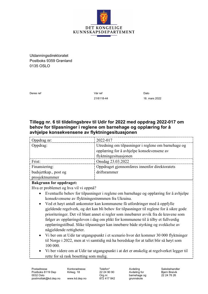 Forsiden av dokumentet Tildelingsbrev Utdanningsdirektoratet 2022 - tillegg nr. 6