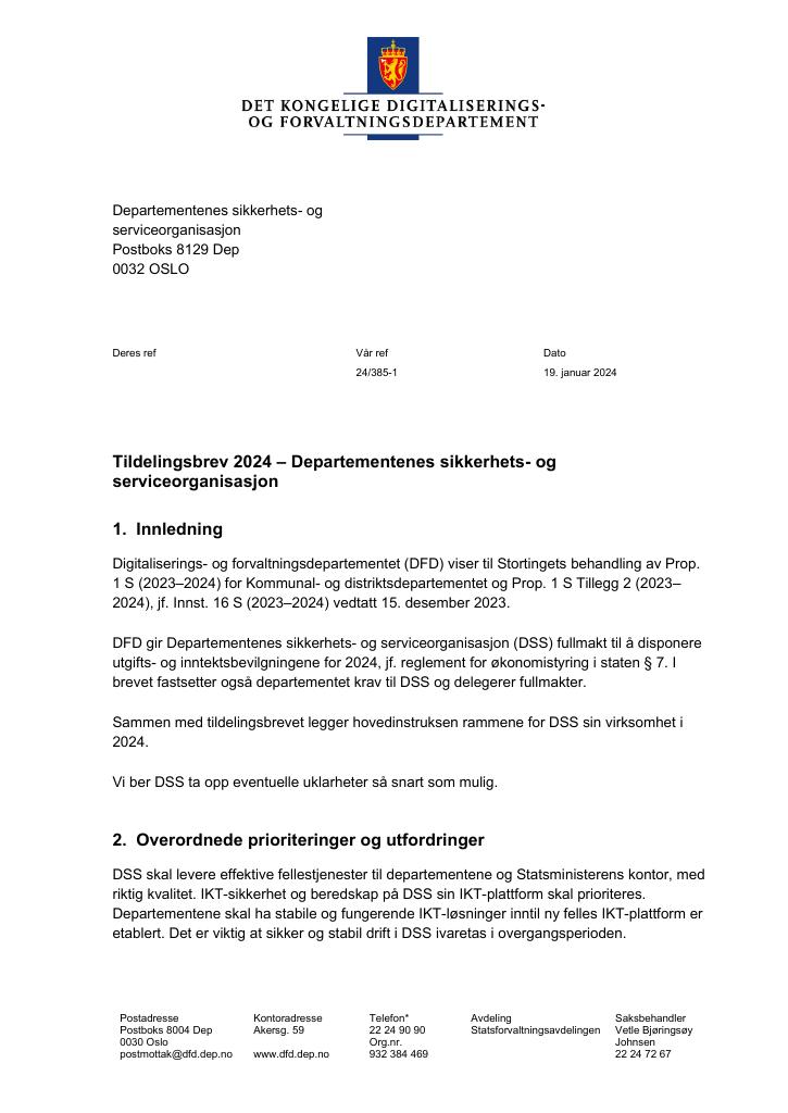 Forsiden av dokumentet Tildelingsbrev (pdf) 2024