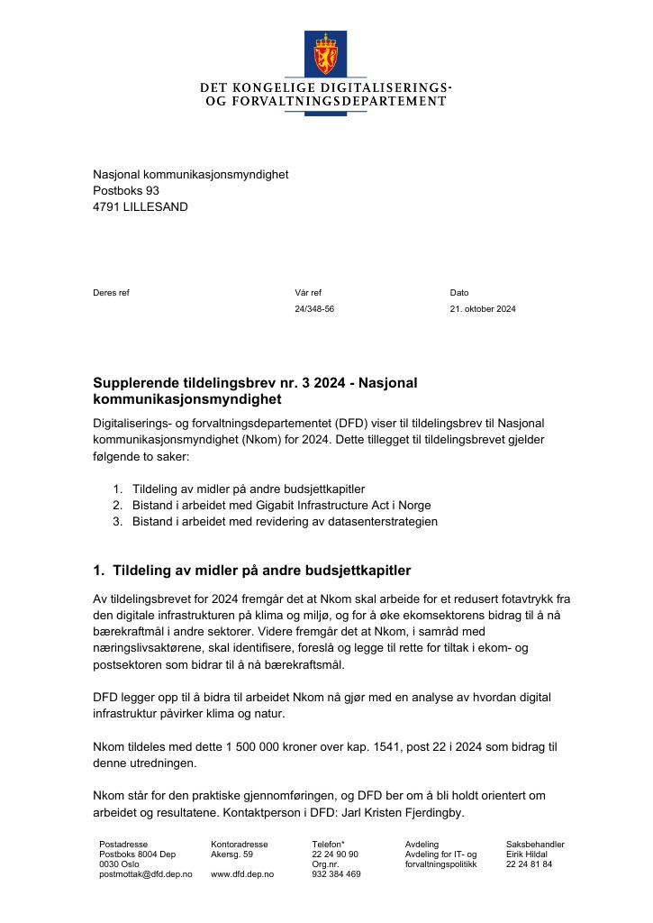 Forsiden av dokumentet Tildelingsbrev Nkom 2024 - tillegg nr. 3