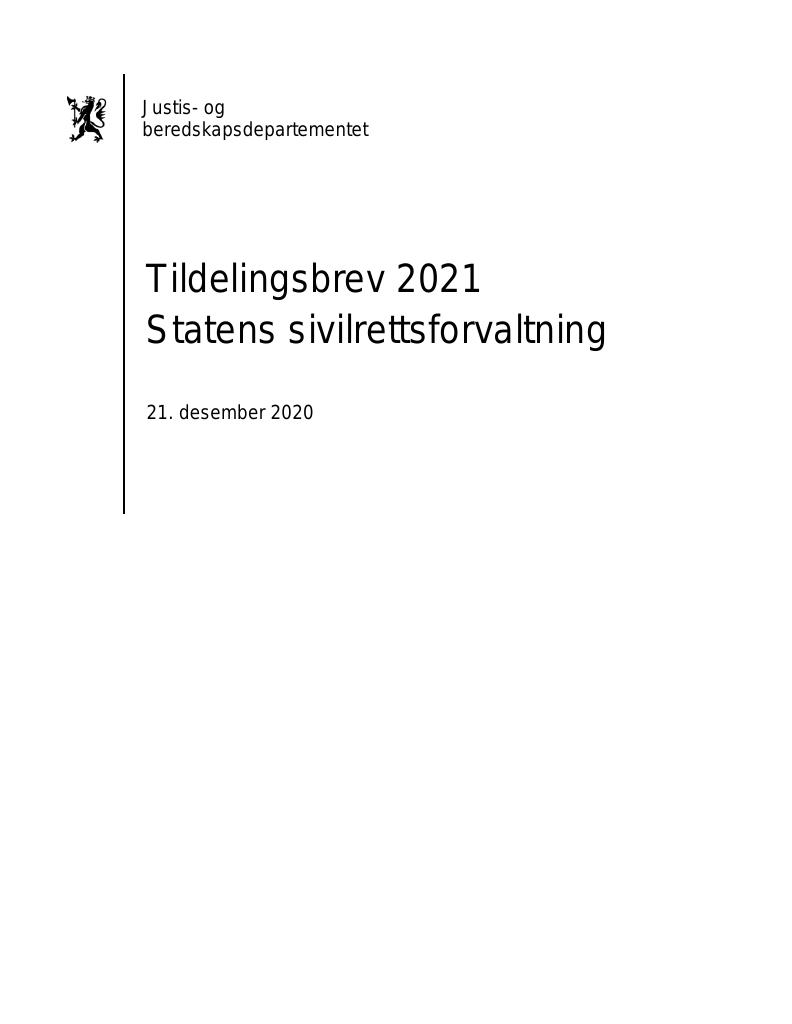 Forsiden av dokumentet Tildelingsbrev Statens sivilrettsforvaltning 2021