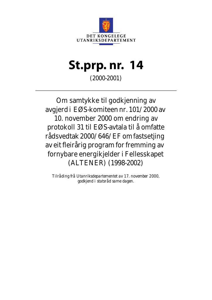 Forsiden av dokumentet St.prp. nr. 14 (2000-2001)