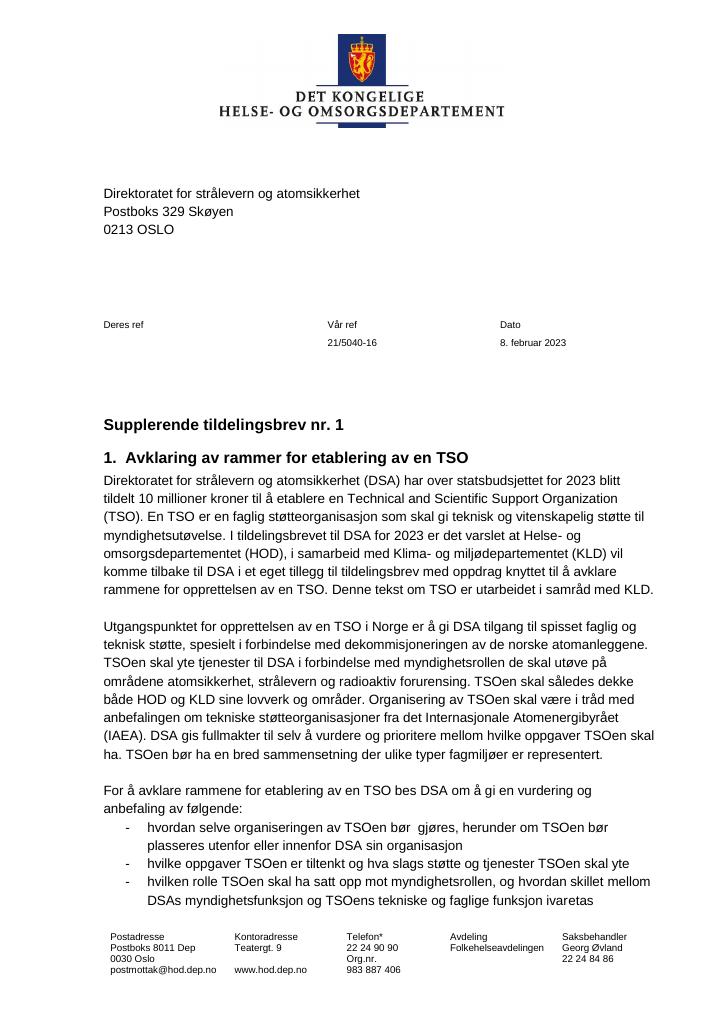 Forsiden av dokumentet Tildelingsbrev Direktoratet for strålevern og atomsikkerhet 2023 - tillegg nr. 1