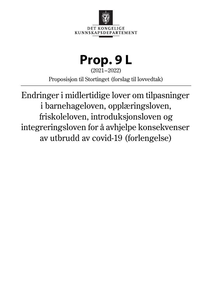 Forsiden av dokumentet Prop. 9 L (2021–2022)