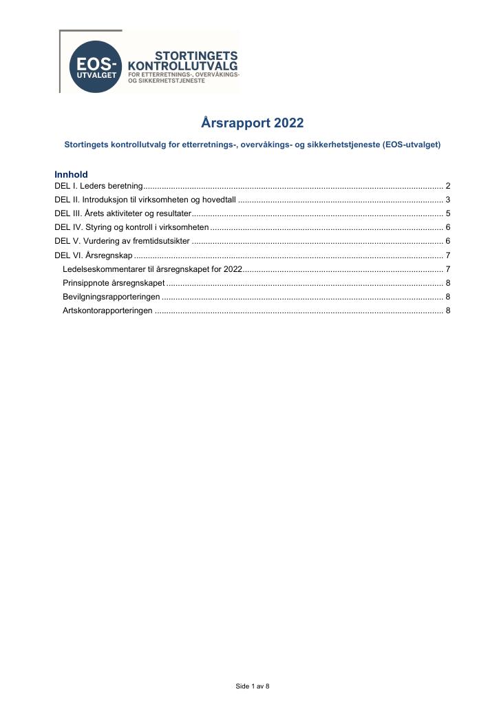 Forsiden av dokumentet Årsrapport Stortingets kontrollutvalg for etterretnings-, overvåkings- og sikkerhetstjeneste (EOS-utvalget) 2022