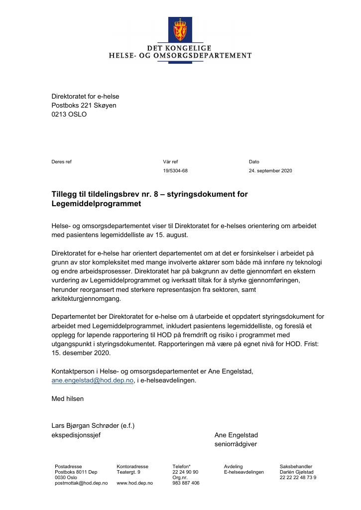 Forsiden av dokumentet Tildelingsbrev Direktoratet for e-helse 2020 - tillegg nr. 8
