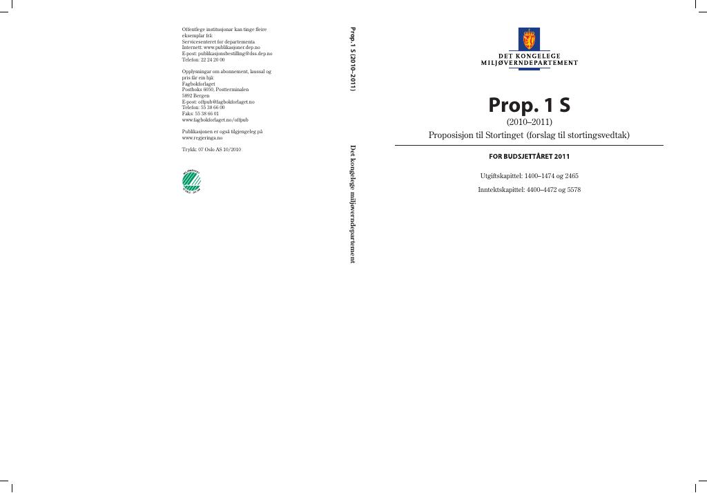 Forsiden av dokumentet Prop. 1 S (2010–2011)