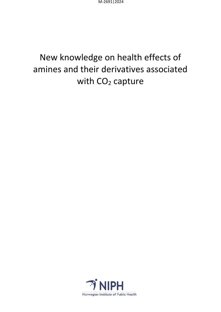 Forsiden av dokumentet New knowledge on health effects of amines and their derivatives associated with CO2 capture : M-2691