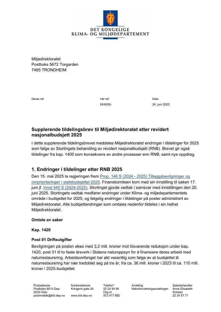 Forsiden av dokumentet Supplerende tildelingsbrev til Miljødirektoratet etter revidert nasjonalbudsjett 2025