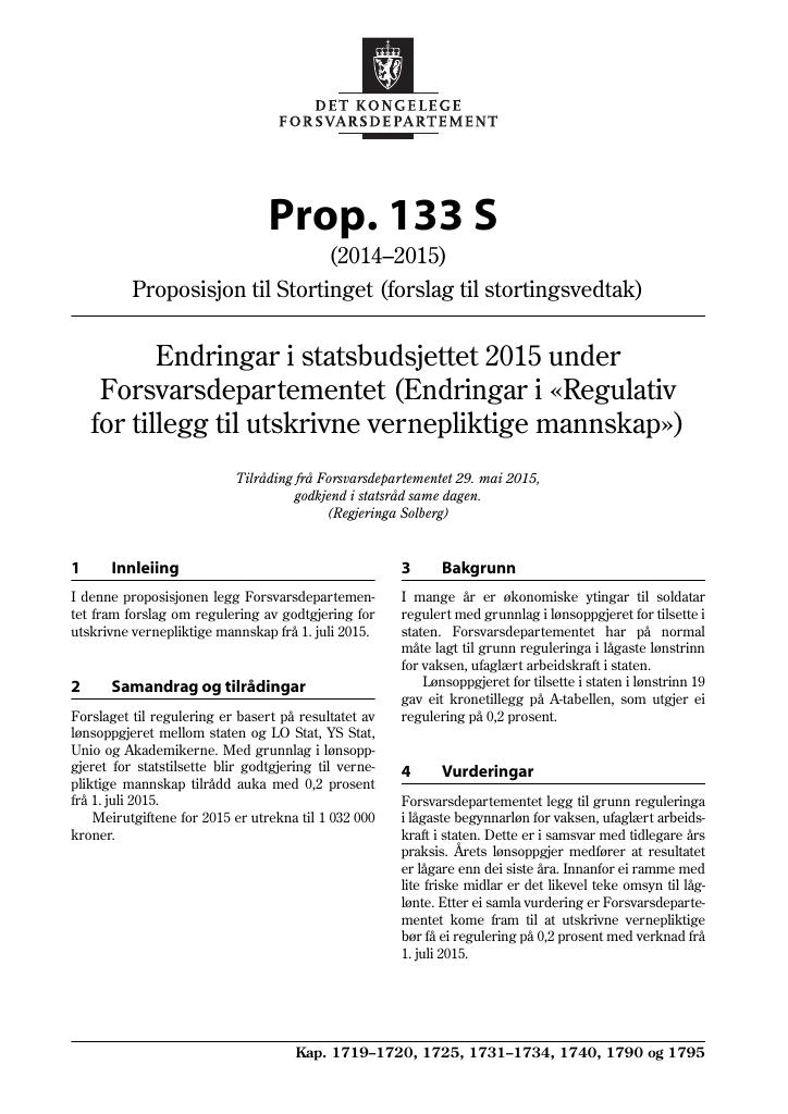 Forsiden av dokumentet Prop. 133 S (2014–2015)