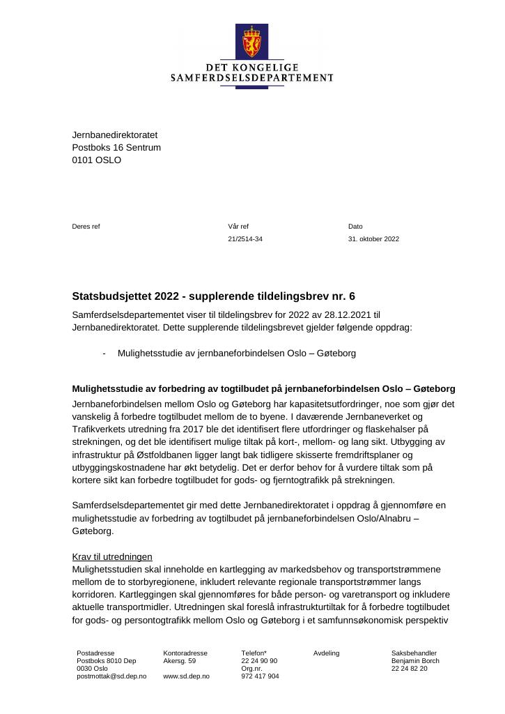 Forsiden av dokumentet Tildelingsbrev Jernbanedirektoratet 2022 - tillegg nr. 6