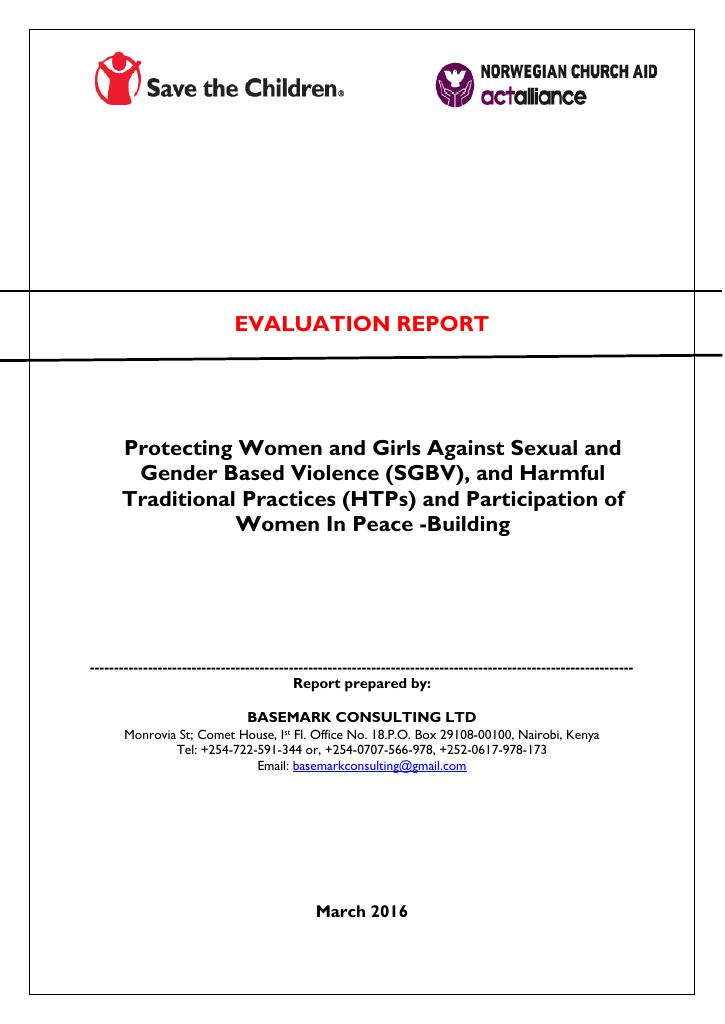 Forsiden av dokumentet Protecting Women and Girls Against Sexual and Gender Based Violence (SGBV), and Harmful Traditional Practices (HTPs) and Participation of Women In Peace-building