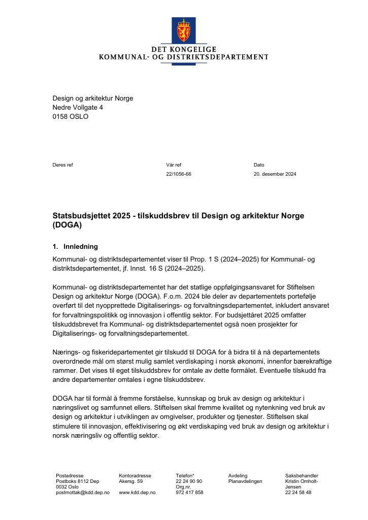 Forsiden av dokumentet Tilskuddsbrev Design og arkitektur Norge (DOGA) 2025