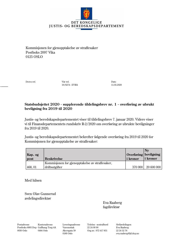 Forsiden av dokumentet Tildelingsbrev Kommisjonen for gjenopptakelse av straffesaker 2020 - tillegg nr. 1