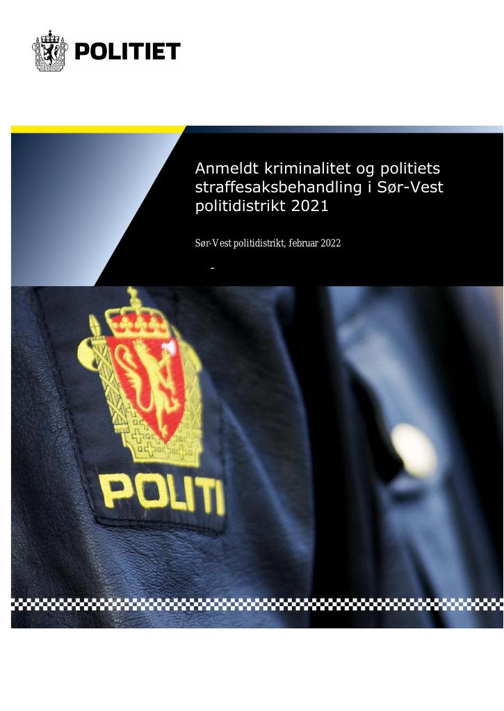 Forsiden av dokumentet STRASAK-rapporten 2021 Sør-Vest politidistrikt