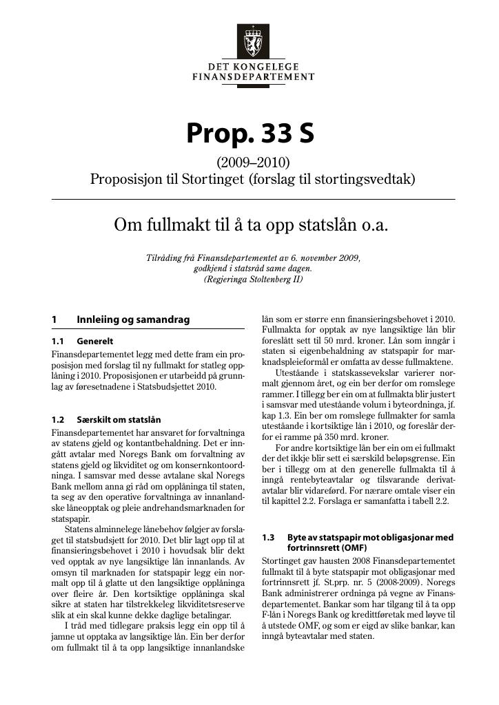 Forsiden av dokumentet Prop. 33 S (2009–2010)