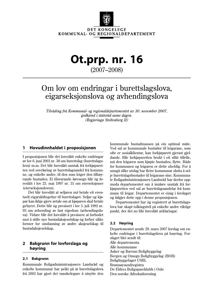 Forsiden av dokumentet Ot.prp. nr. 16 (2007-2008)