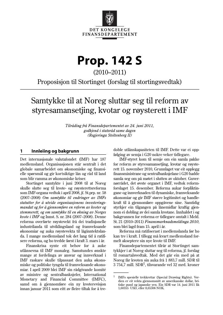 Forsiden av dokumentet Prop. 142 S (2010–2011)