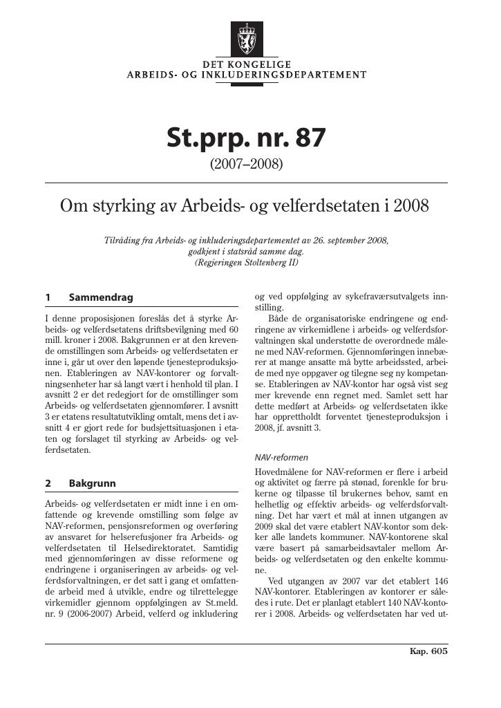 Forsiden av dokumentet St.prp. nr. 87 (2007-2008)