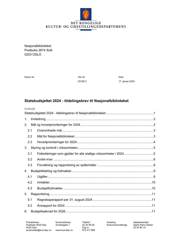 Forsiden av dokumentet Tildelingsbrev 2024 (.pdf)