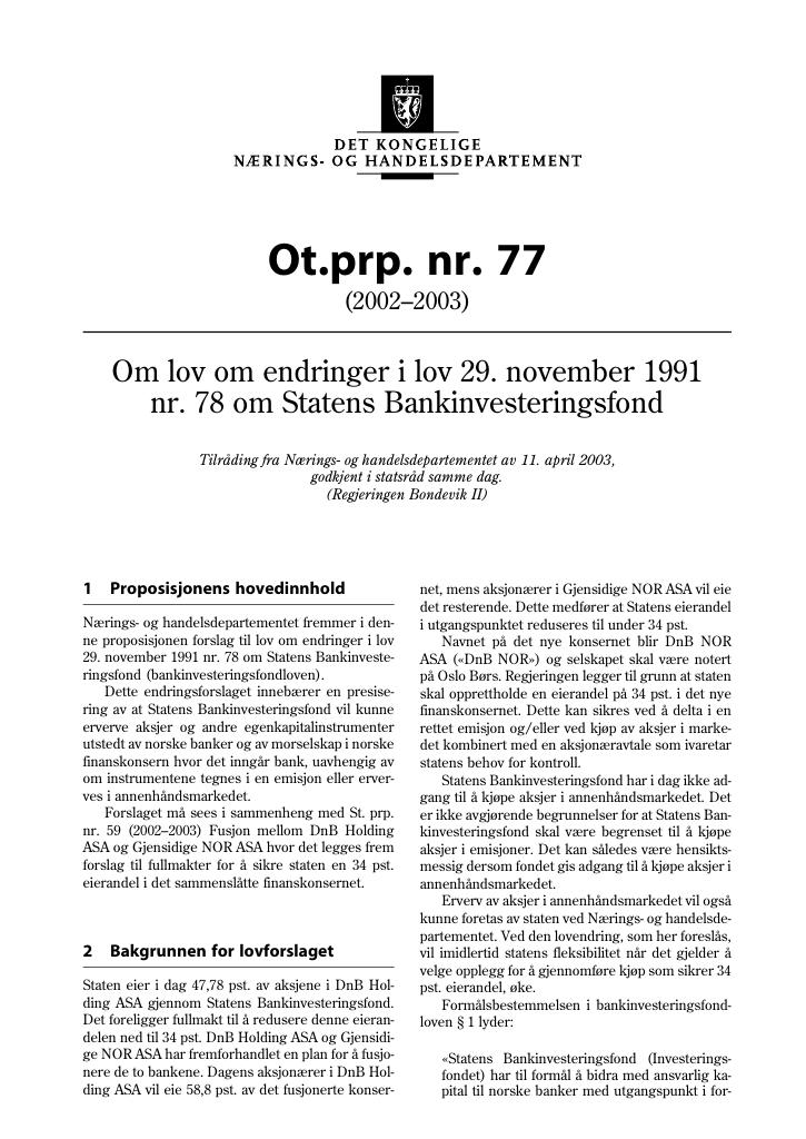 Forsiden av dokumentet Ot.prp. nr. 77 (2002-2003)
