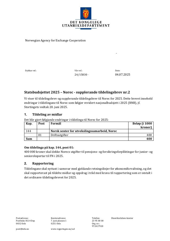 Forsiden av dokumentet Tildelingsbrev Norec 2025 - tillegg nr. 2