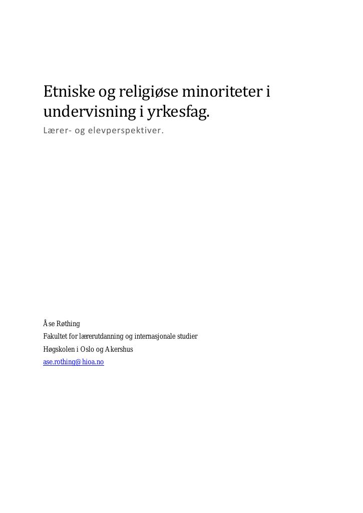 Forsiden av dokumentet Etniske og religiøse minoriteter i undervisning på yrkesfag