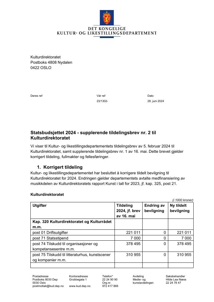 Forsiden av dokumentet Supplerende tildelingsbrev nr. 2 - 2024 Kulturdirektoratet