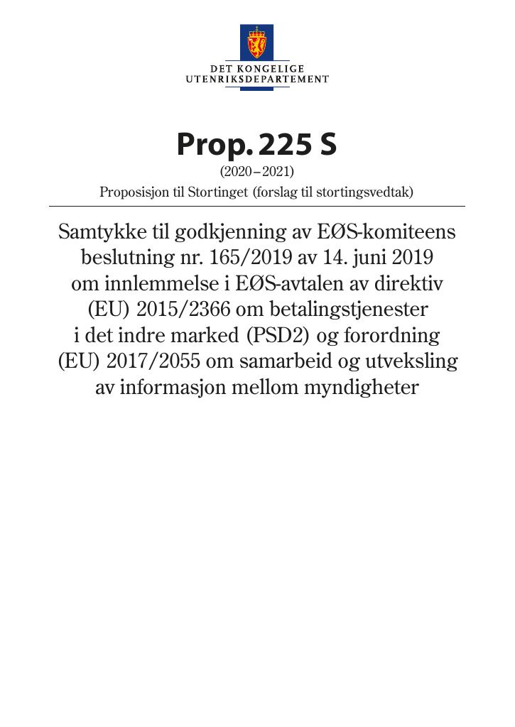 Forsiden av dokumentet Prop. 225 S (2020–2021)