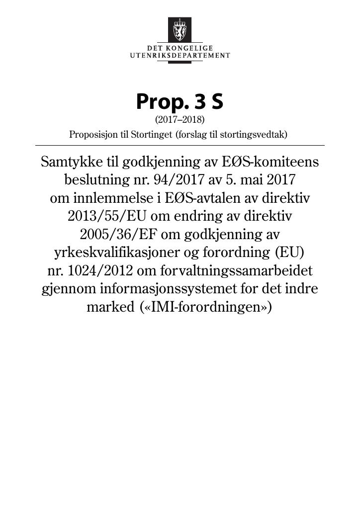 Forsiden av dokumentet Prop. 3 S (2017–2018)