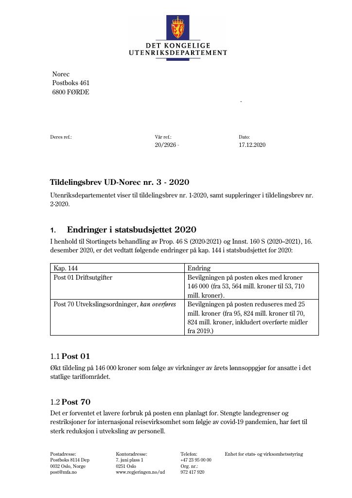 Forsiden av dokumentet Tildelingsbrev Norec 2020 - tillegg nr. 3